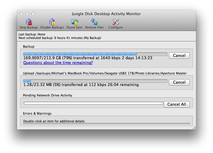 Above: Throttling back JungleDisk slows the upload but restores Virgin